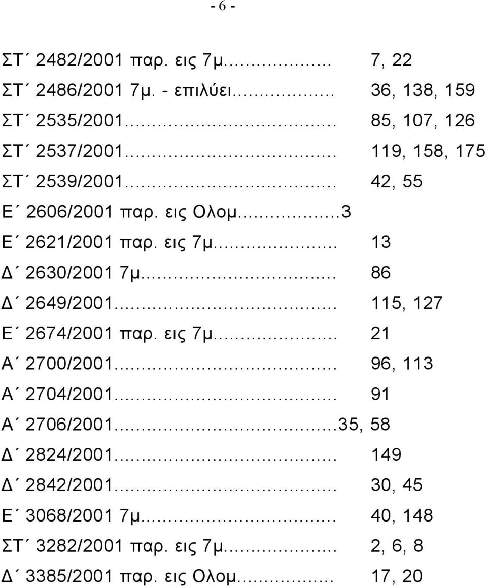 .. 86 Δ 2649/2001... 115, 127 Ε 2674/2001 παρ. εις 7μ... 21 Α 2700/2001... 96, 113 Α 2704/2001... 91 Α 2706/2001.