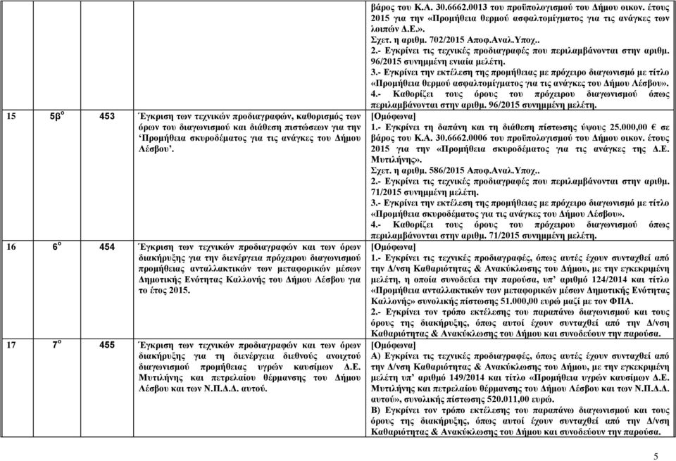 Λέσβου για το έτος 2015. 17 7 ο 455 Έγκριση των τεχνικών προδιαγραφών και των όρων διακήρυξης για τη διενέργεια διεθνούς ανοιχτού διαγωνισμού προμήθειας υγρών καυσίμων Δ.Ε.