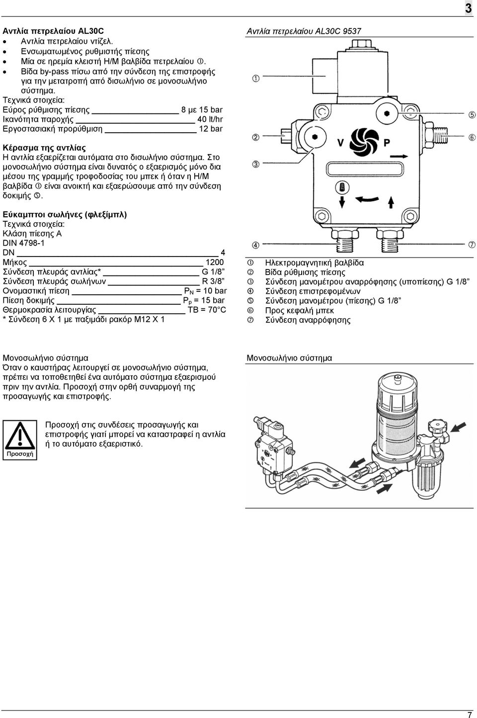 Τεχνικά στοιχεία: Εύρος ρύθµισης πίεσης 8 µε 15 bar Ικανότητα παροχής 40 lt/hr Εργοστασιακή προρύθµιση 12 bar Αντλία πετρελαίου AL30C 9537 Κέρασµα της αντλίας Η αντλία εξαερίζεται αυτόµατα στο