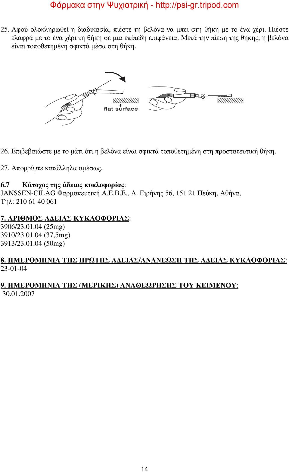 Απορρίψτε κατάλληλα αμέσως. 6.7 Κάτοχος της άδειας κυκλοφορίας: JANSSEN-CILAG Φαρμακευτική Α.Ε.Β.Ε., Λ. Ειρήνης 56, 151 21 Πεύκη, Αθήνα, Τηλ: 210 61 40 061 7.