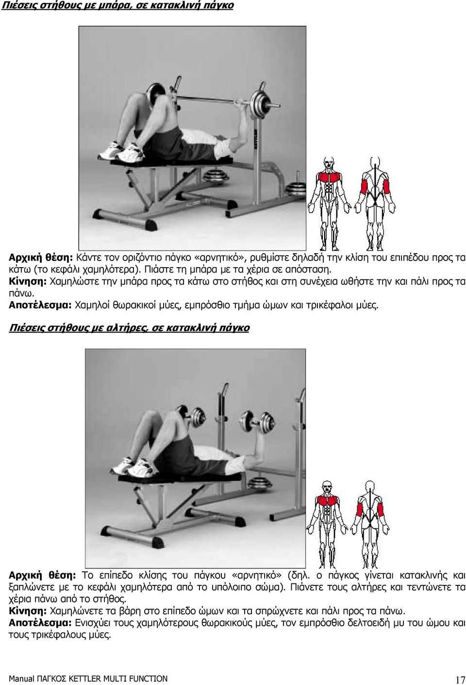 Αποτέλεσµα: Χαµηλοί θωρακικοί µύες, εµπρόσθιο τµήµα ώµων και τρικέφαλοι µύες. Πιέσεις στήθους µε αλτήρες, σε κατακλινή πάγκο Αρχική θέση: Το επίπεδο κλίσης του πάγκου «αρνητικό» (δηλ.