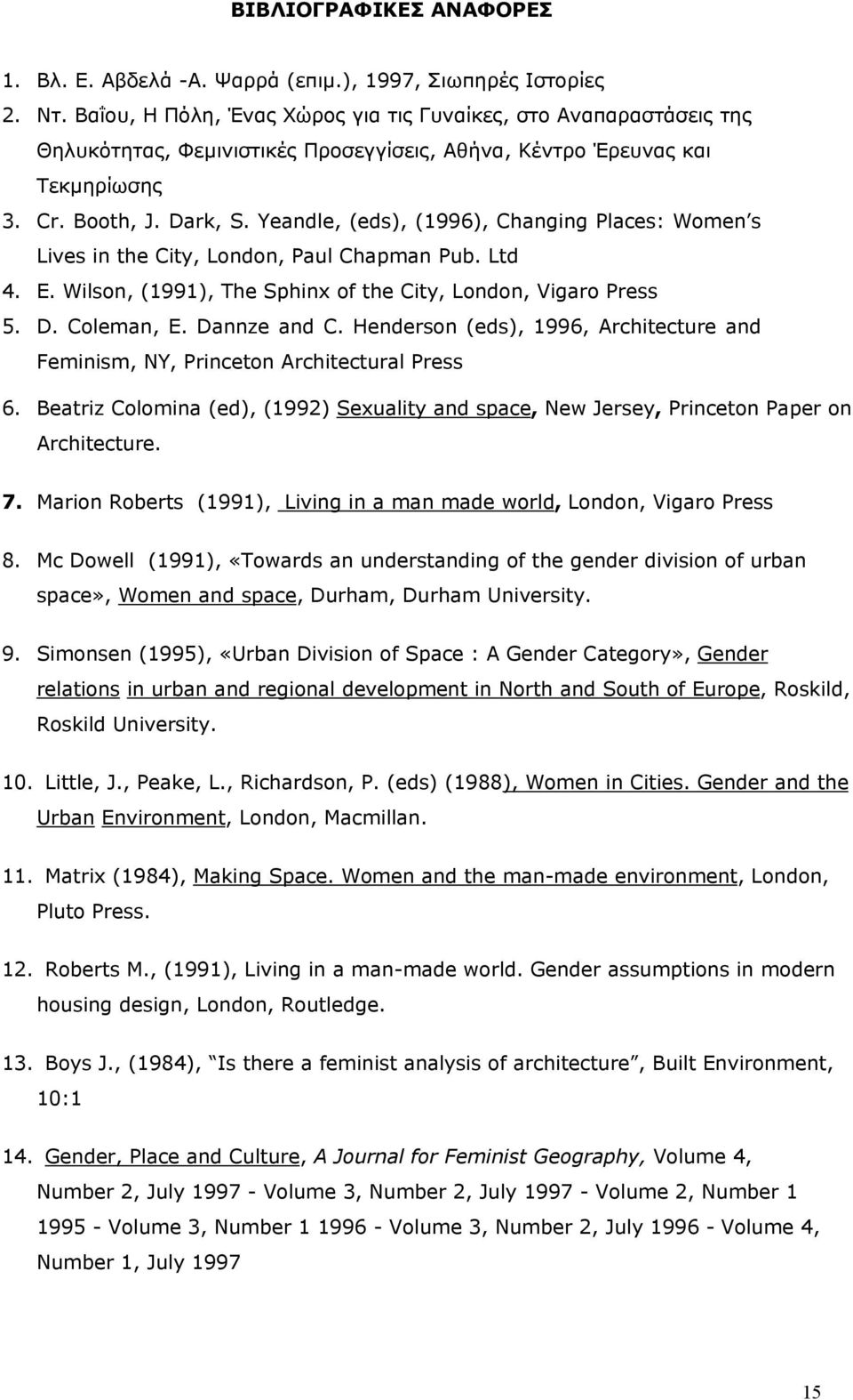 Yeandle, (eds), (1996), Changing Places: Women s Lives in the City, London, Paul Chapman Pub. Ltd 4. E. Wilson, (1991), The Sphinx of the City, London, Vigaro Press 5. D. Coleman, E. Dannze and C.