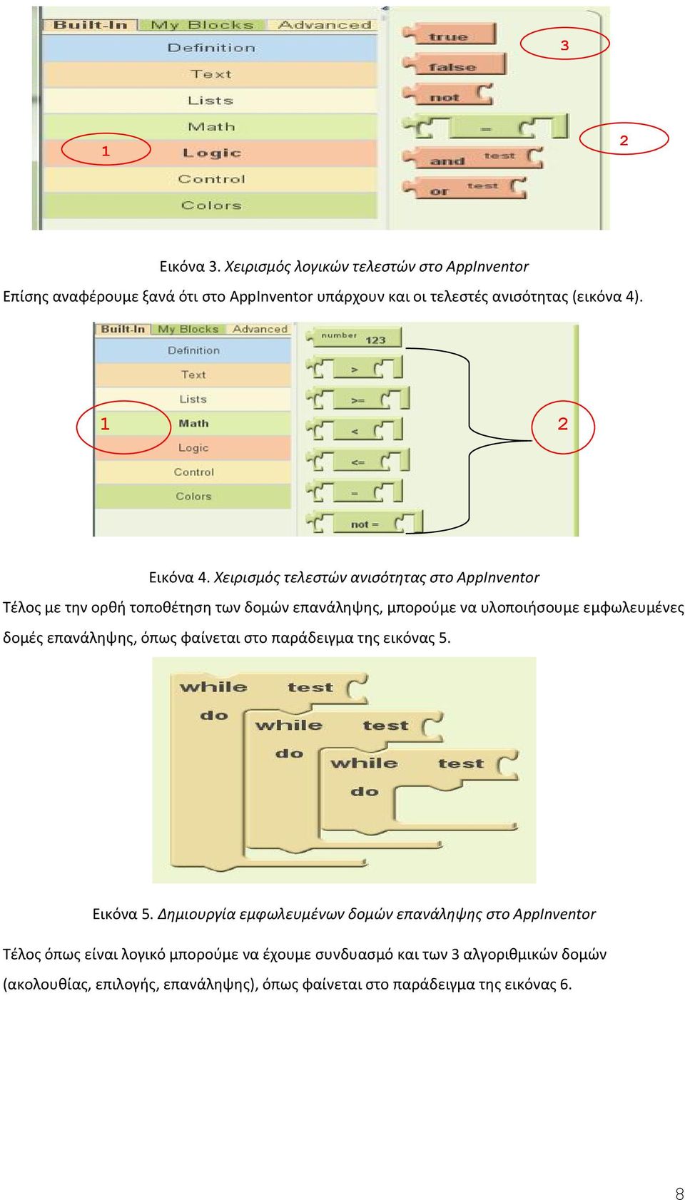 Χειρισμός τελεστών ανισότητας στο AppInventor Τέλος με την ορθή τοποθέτηση των δομών επανάληψης, μπορούμε να υλοποιήσουμε εμφωλευμένες δομές