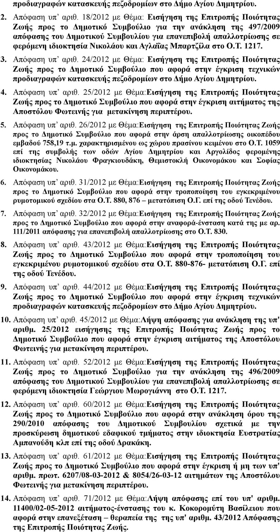 Νικολάου και Αγλαΐας Μπαρτζίλα στο Ο.Τ. 1217. 3. Απόφαση υπ αριθ.