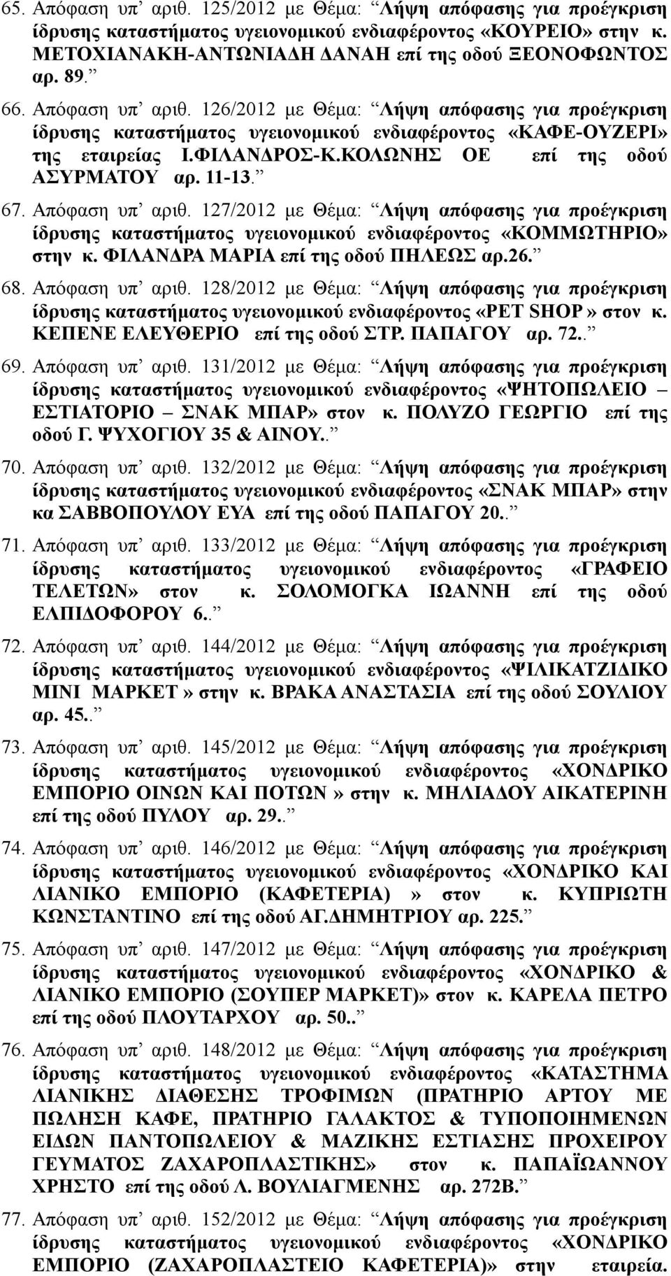 67. Απόφαση υπ αριθ. 127/2012 με Θέμα: Λήψη απόφασης για προέγκριση ίδρυσης καταστήματος υγειονομικού ενδιαφέροντος «ΚΟΜΜΩΤΗΡΙΟ» στην κ. ΦΙΛΑΝΔΡΑ ΜΑΡΙΑ επί της οδού ΠΗΛΕΩΣ αρ.26. 68. Απόφαση υπ αριθ. 128/2012 με Θέμα: Λήψη απόφασης για προέγκριση ίδρυσης καταστήματος υγειονομικού ενδιαφέροντος «PET SHOP» στον κ.