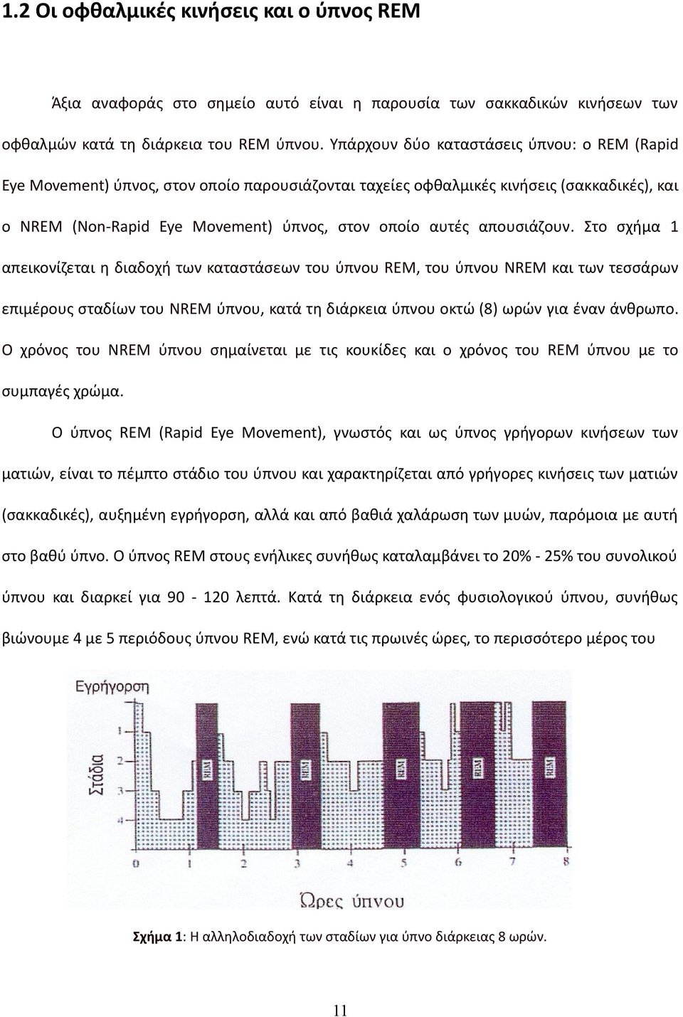 απουσιάζουν. Στο σχήμα 1 απεικονίζεται η διαδοχή των καταστάσεων του ύπνου REM, του ύπνου NREM και των τεσσάρων επιμέρους σταδίων του NREM ύπνου, κατά τη διάρκεια ύπνου οκτώ (8) ωρών για έναν άνθρωπο.