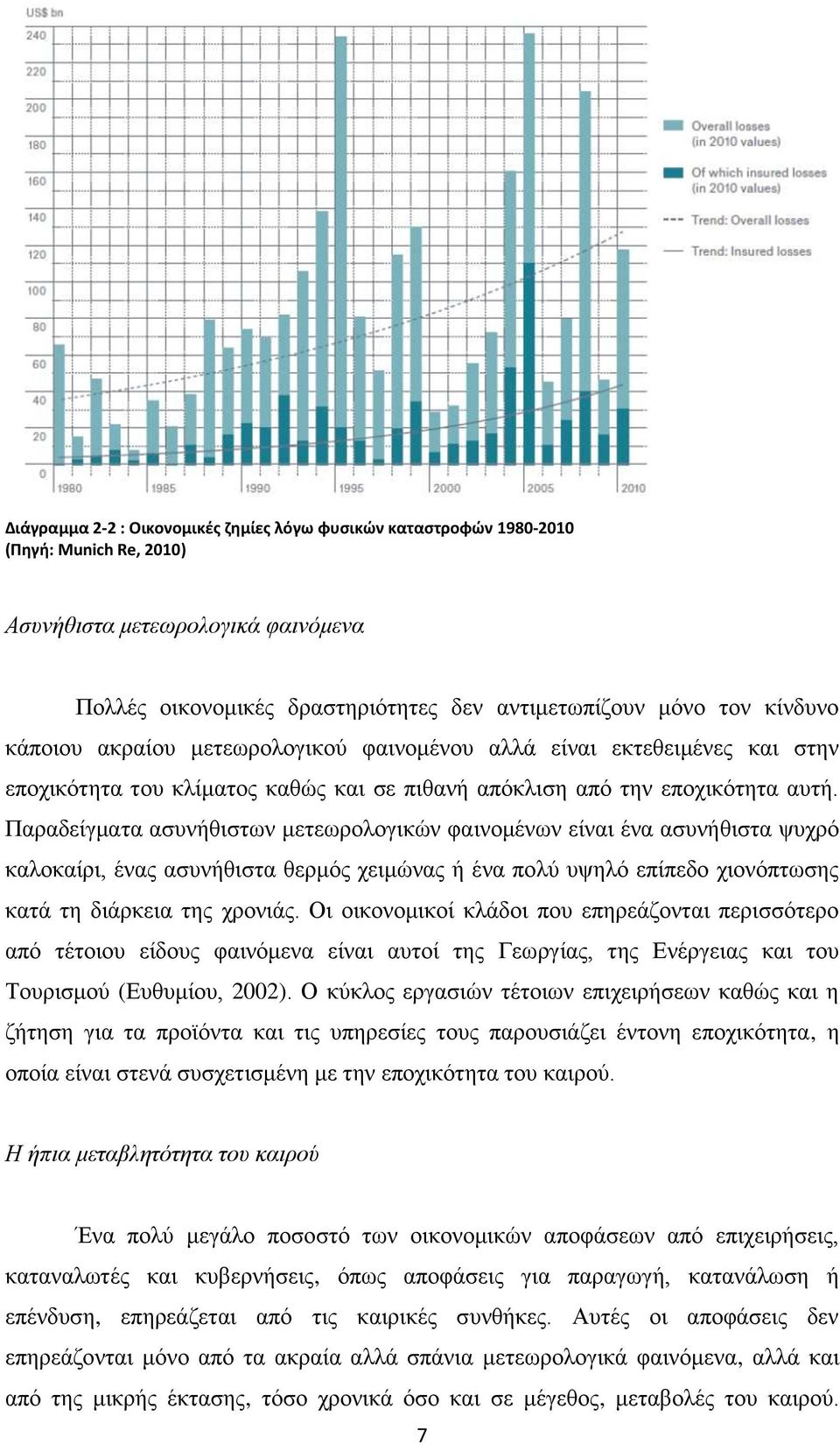 Παραδείγματα ασυνήθιστων μετεωρολογικών φαινομένων είναι ένα ασυνήθιστα ψυχρό καλοκαίρι, ένας ασυνήθιστα θερμός χειμώνας ή ένα πολύ υψηλό επίπεδο χιονόπτωσης κατά τη διάρκεια της χρονιάς.