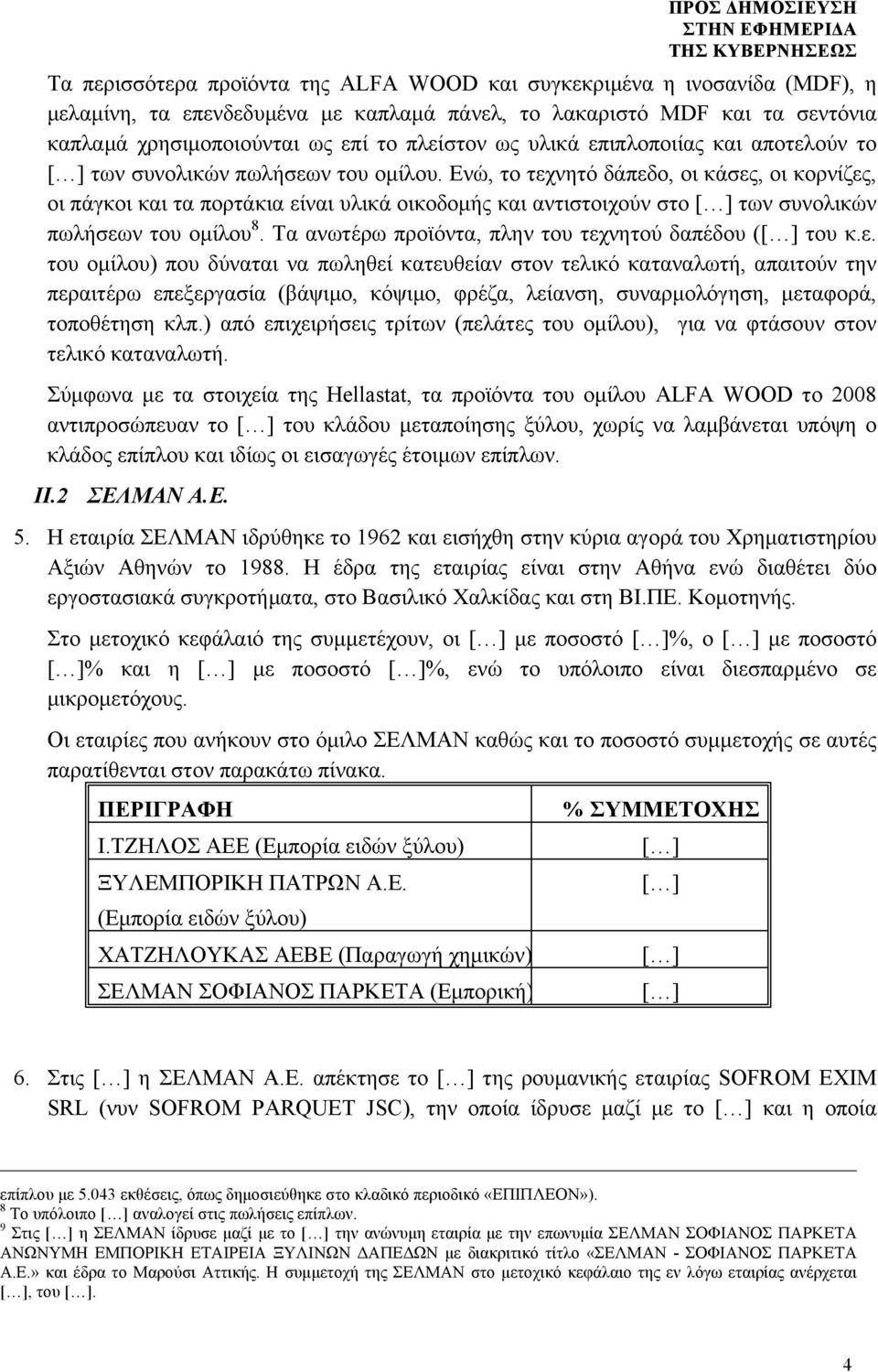 Ενώ, το τεχνητό δάπεδο, οι κάσες, οι κορνίζες, οι πάγκοι και τα πορτάκια είναι υλικά οικοδοµής και αντιστοιχούν στο των συνολικών πωλήσεων του οµίλου 8.