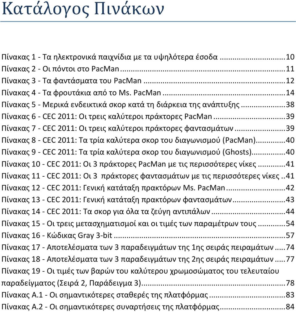 .. 39 Πίνακας 7 - CEC 2011: Οι τρεις καλύτεροι πράκτορες φαντασμάτων... 39 Πίνακας 8 - CEC 2011: Τα τρία καλύτερα σκορ του διαγωνισμού (PacMan).