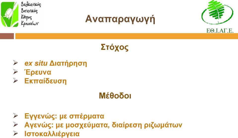 Στόχος ex situ Διατήρηση Έρευνα