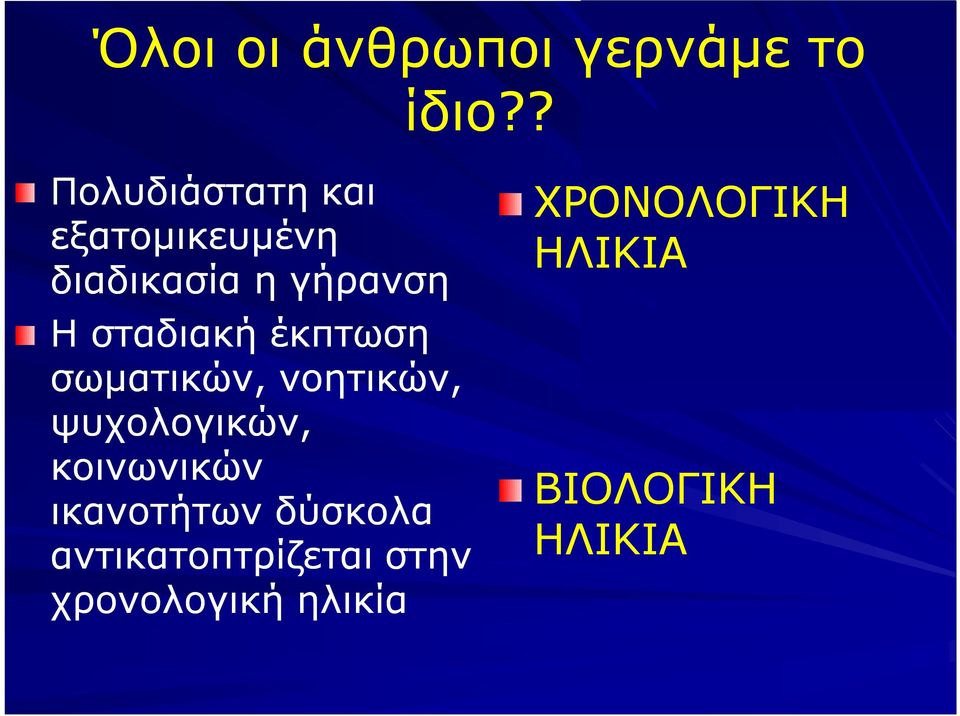 σταδιακή έκπτωση σωματικών, νοητικών, ψυχολογικών, κοινωνικών