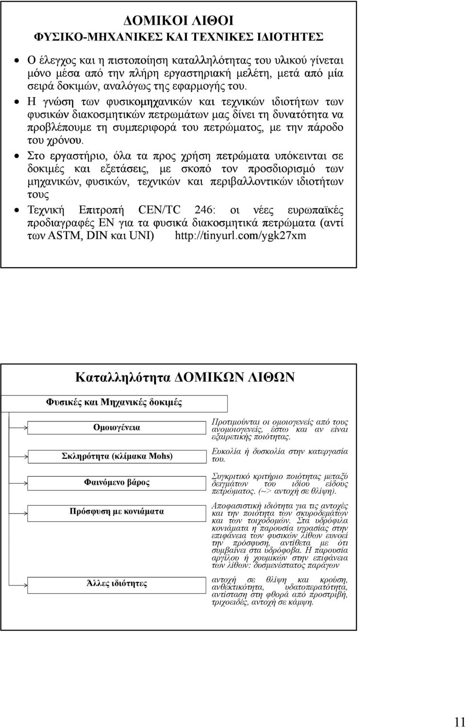 Η γνώση των φυσικομηχανικών και τεχνικών ιδιοτήτων των φυσικών διακοσμητικών πετρωμάτων μας δίνει τη δυνατότητα να προβλέπουμε τη συμπεριφορά του πετρώματος, με την πάροδο του χρόνου.