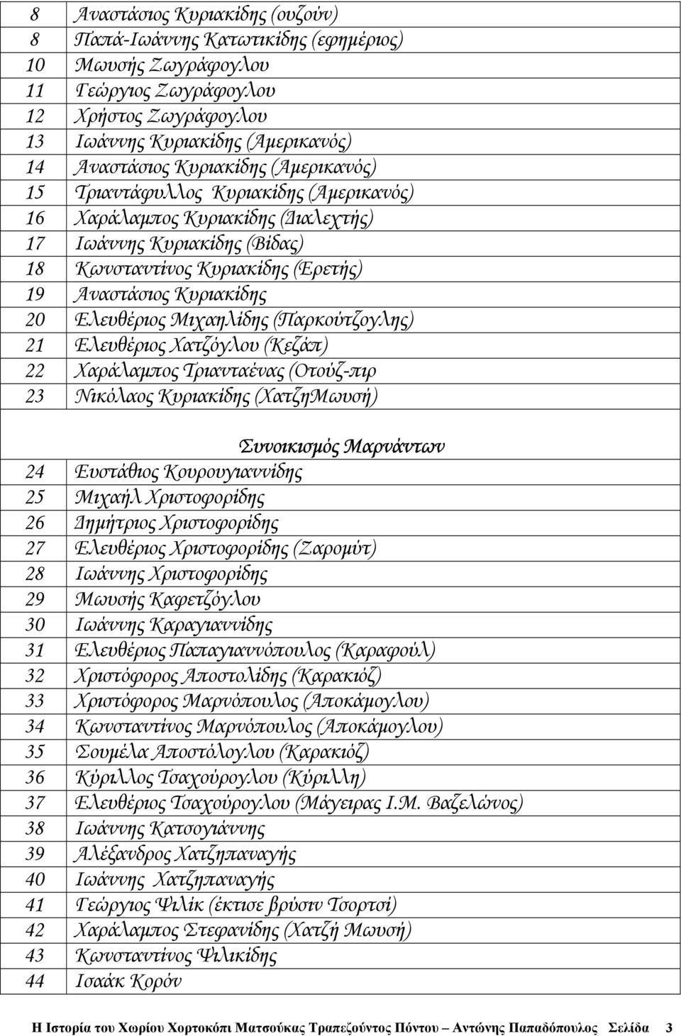 Ελευθέριος Μιχαηλίδης (Παρκούτζογλης) 21 Ελευθέριος Χατζόγλου (Κεζάπ) 22 Χαράλαµπος Τριανταένας (Οτούζ-πιρ 23 Νικόλαος Κυριακίδης (ΧατζηΜωυσή) Συνοικισµός Μαρνάντων 24 Ευστάθιος Κουρουγιαννίδης 25