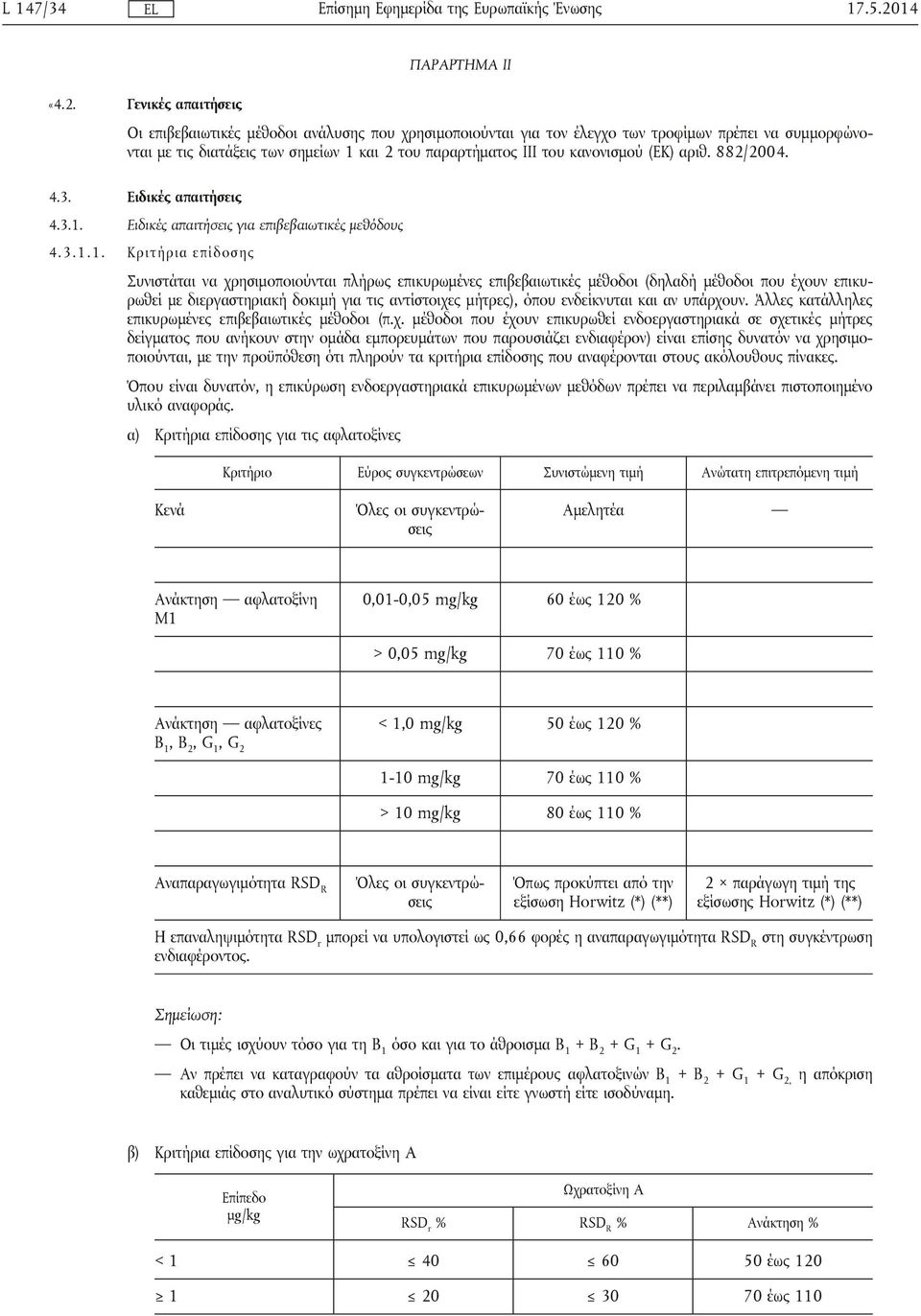 Γενικές απαιτήσεις Οι επιβεβαιωτικές μέθοδοι ανάλυσης που χρησιμοποιούνται για τον έλεγχο των τροφίμων πρέπει να συμμορφώνονται με τις διατάξεις των σημείων 1 και 2 του παραρτήματος III του