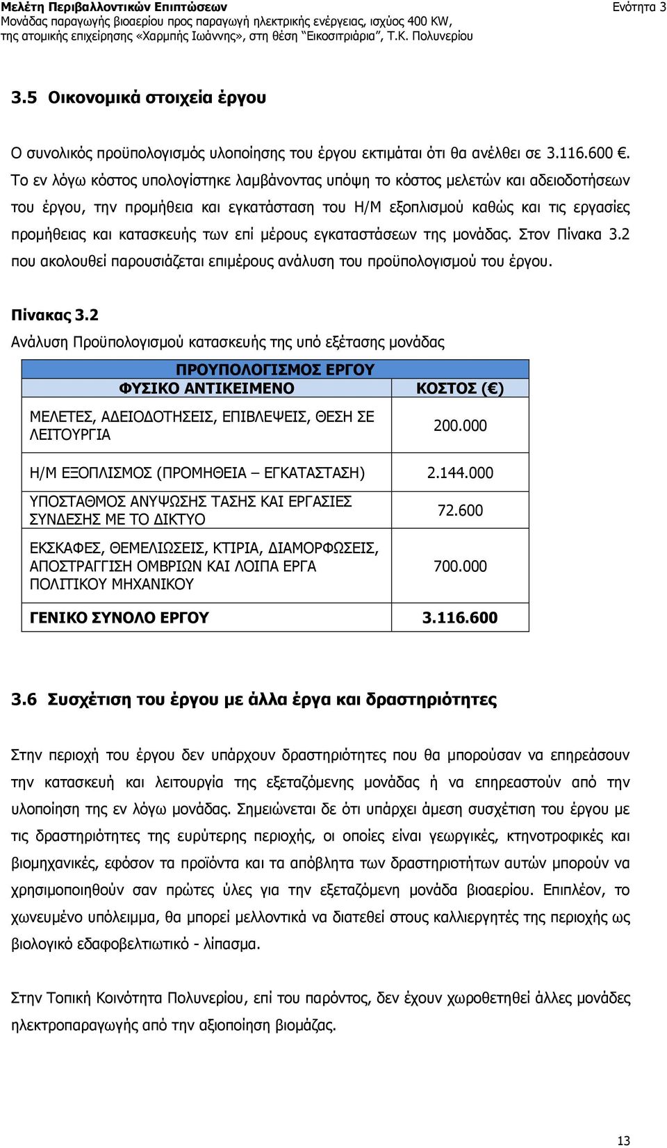 επί μέρους εγκαταστάσεων της μονάδας. Στον Πίνακα 3.2 που ακολουθεί παρουσιάζεται επιμέρους ανάλυση του προϋπολογισμού του έργου. Πίνακας 3.