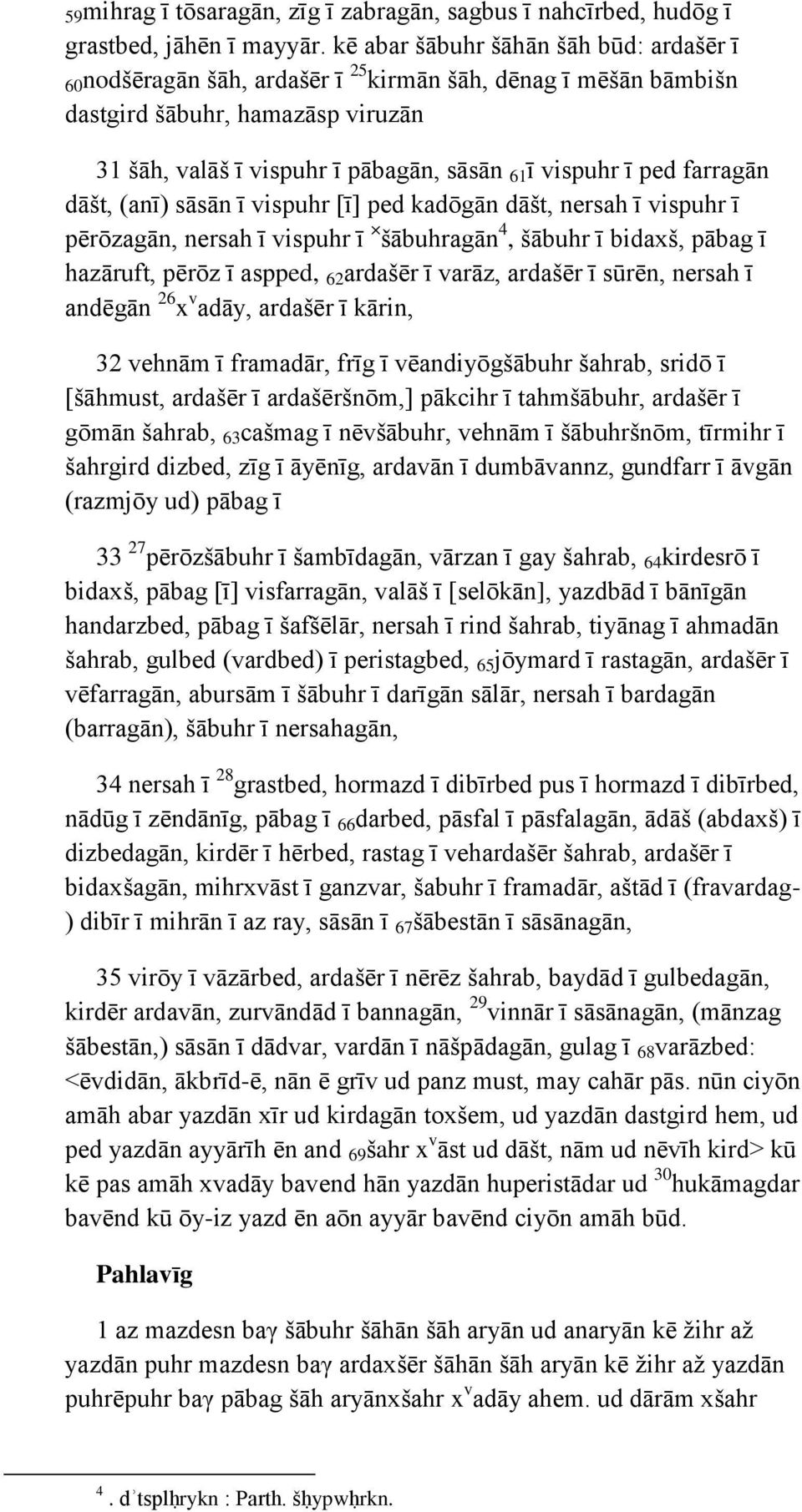 farragān dāšt, (anī) sāsān ī vispuhr [ī] ped kadōgān dāšt, nersah ī vispuhr ī pērōzagān, nersah ī vispuhr ī šābuhragān 4, šābuhr ī bidaxš, pābag ī hazāruft, pērōz ī aspped, 62 ardašēr ī varāz,