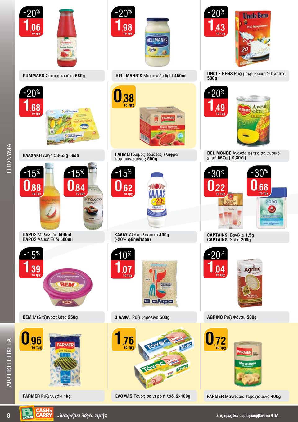 ΚΑΛΑΣ Aλάτι κλασσικό 400g (-20% φθηνότερα) CAPTAINS Bανίλια 1,5g CAPTAINS Σόδα 200g -10 % 1,39 1,07 1,04 BEM Mελιτζανοσαλάτα 250g 3 ΑΛΦΑ Ρύζι καρολίνα 500g AGRINO Ρύζι