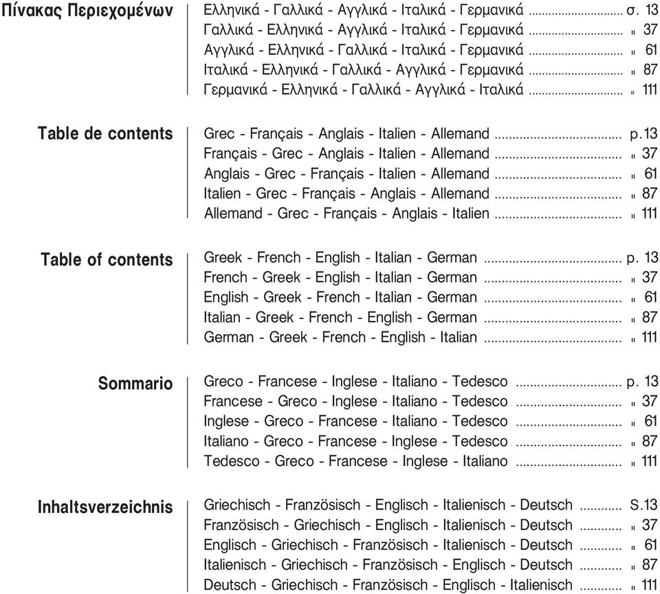 .. 37 Anglais Grec Français Italien Allemand... 61 Italien Grec Français Anglais Allemand... 87 Allemand Grec Français Anglais Italien... 111 Table of contents Greek French English Italian German... p.