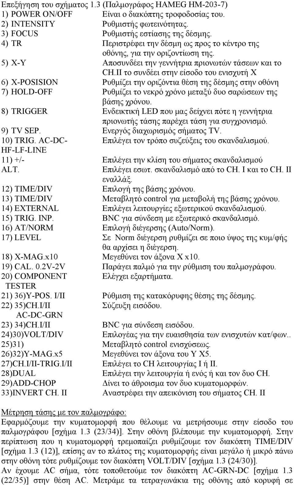 II το συνδέει στην είσοδο του ενισχυτή Χ 6) X-POSISION Ρυθμίζει την οριζόντια θέση της δέσμης στην οθόνη 7) HOLD-OFF Ρυθμίζει το νεκρό χρόνο μεταξύ δυο σαρώσεων της βάσης χρόνου.