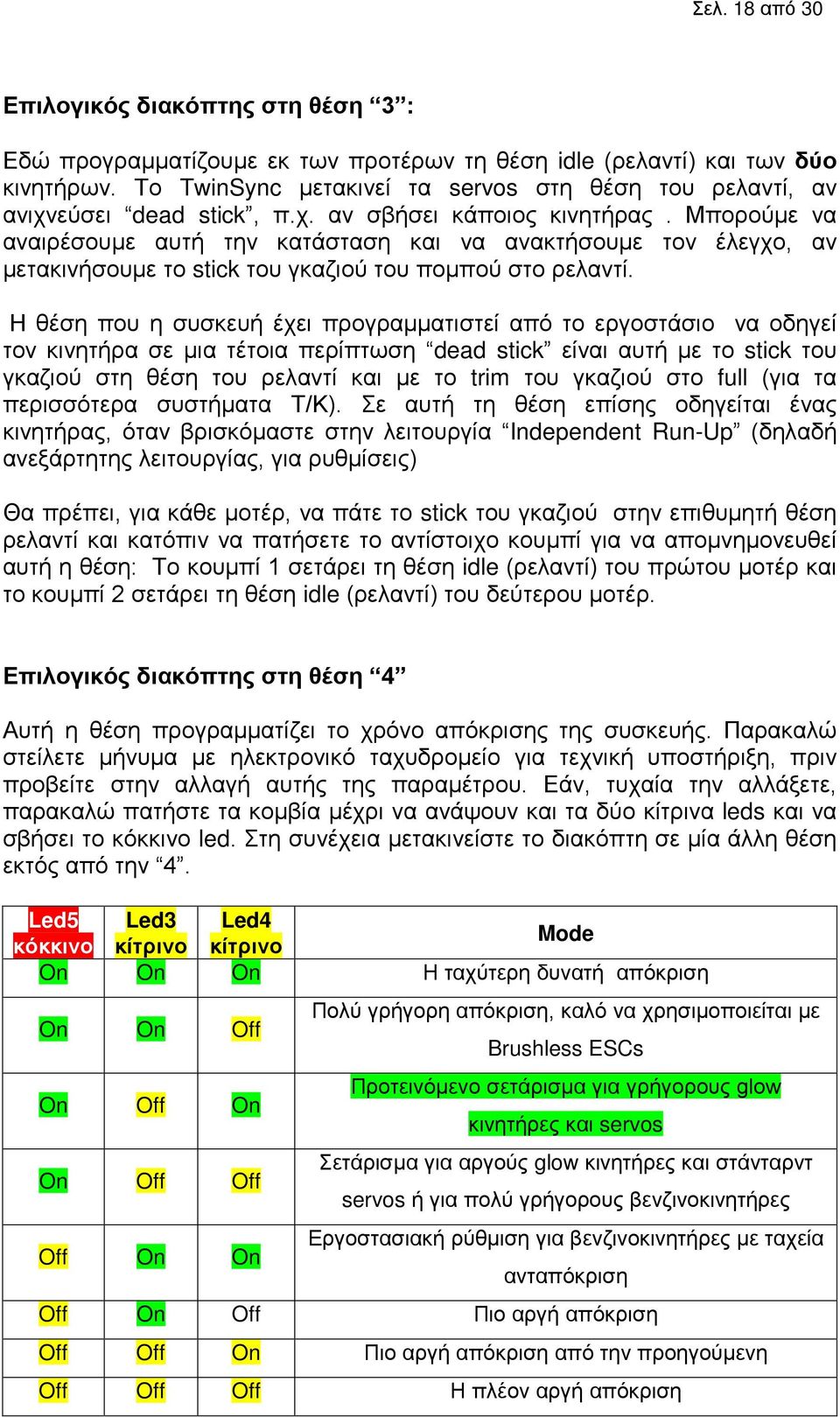 Μπορούμε να αναιρέσουμε αυτή την κατάσταση και να ανακτήσουμε τον έλεγχο, αν μετακινήσουμε το stick του γκαζιού του πομπού στο ρελαντί.