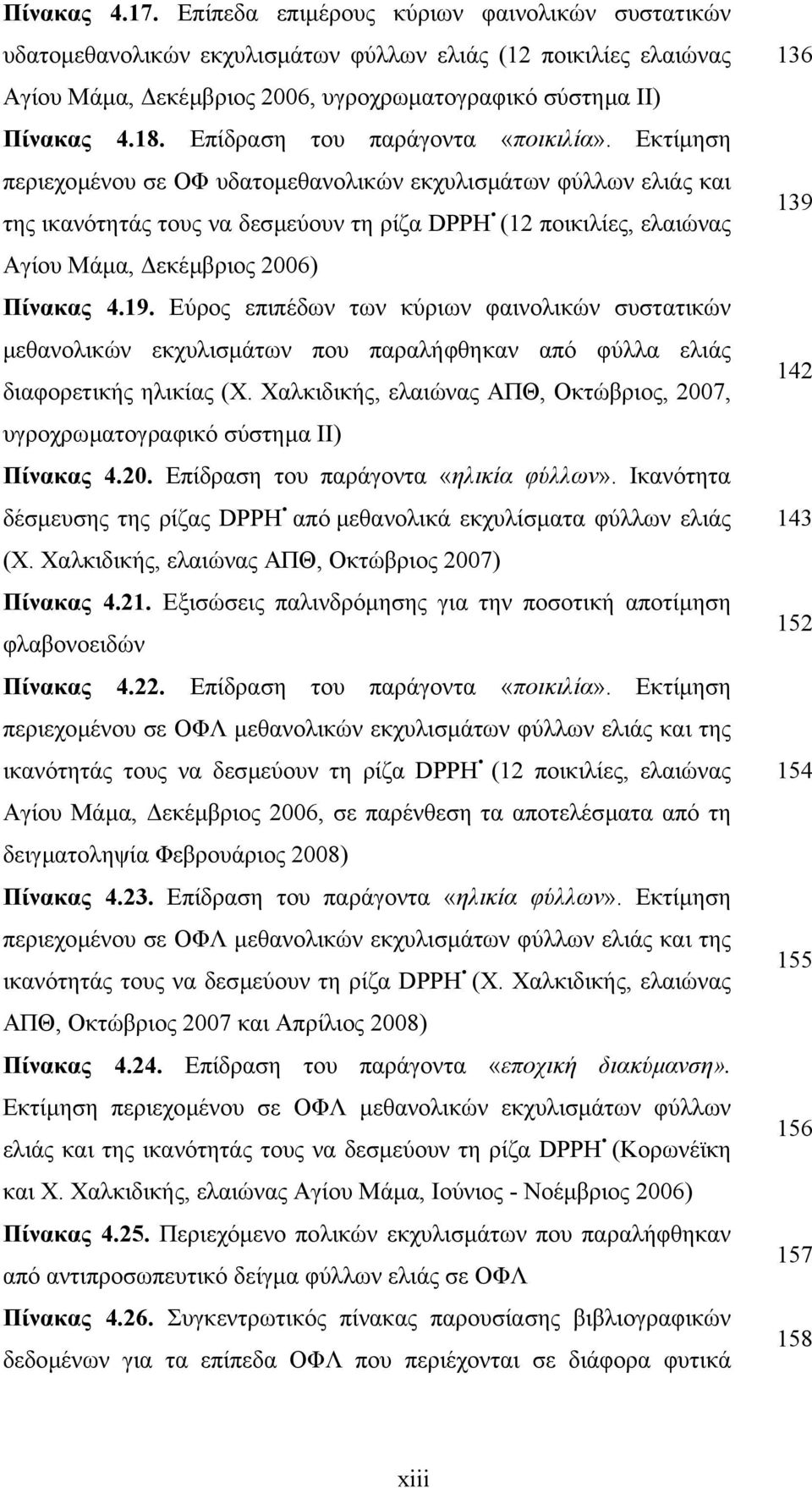 Εκτίµηση περιεχοµένου σε ΟΦ υδατοµεθανολικών εκχυλισµάτων φύλλων ελιάς και της ικανότητάς τους να δεσµεύουν τη ρίζα DPPH (12 ποικιλίες, ελαιώνας Αγίου Μάµα, εκέµβριος 26) Πίνακας 4.19.