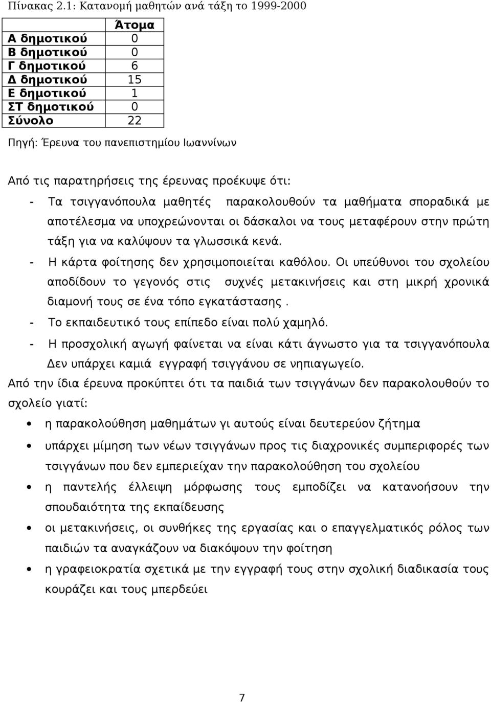 παρατηρήσεις της έρευνας προέκυψε ότι: - Τα τσιγγανόπουλα μαθητές παρακολουθούν τα μαθήματα σποραδικά με αποτέλεσμα να υποχρεώνονται οι δάσκαλοι να τους μεταφέρουν στην πρώτη τάξη για να καλύψουν τα