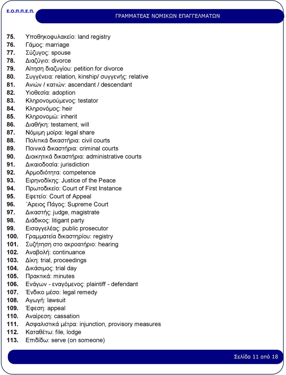 Πολιτικά δικαστήρια: civil courts 89. Ποινικά δικαστήρια: criminal courts 90. Διοικητικά δικαστήρια: administrative courts 91. Δικαιοδοσία: jurisdiction 92. Αρμοδιότητα: competence 93.
