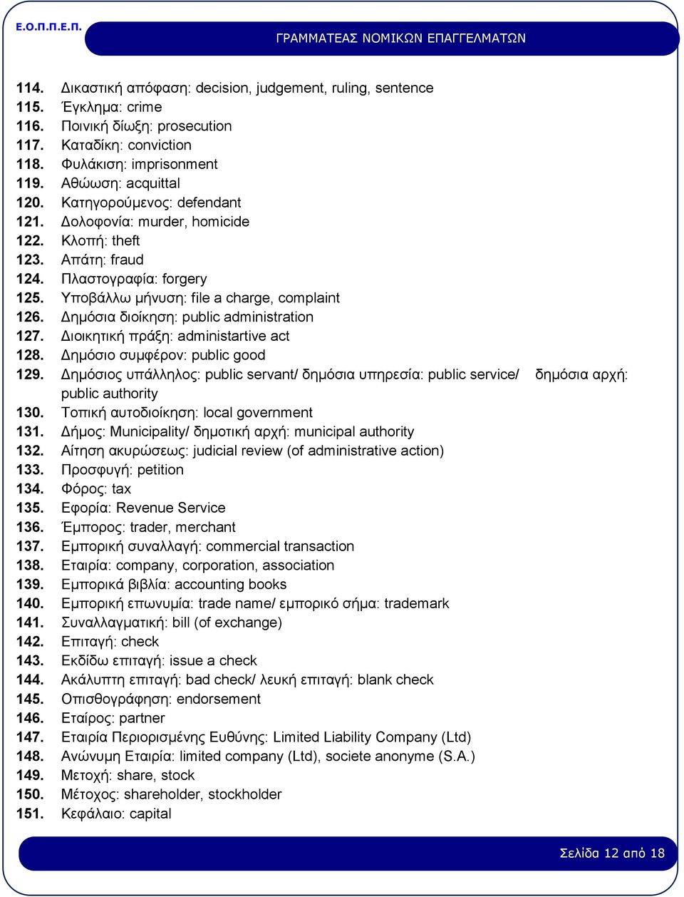 Δημόσια διοίκηση: public administration 127. Διοικητική πράξη: administartive act 128. Δημόσιο συμφέρον: public good 129.