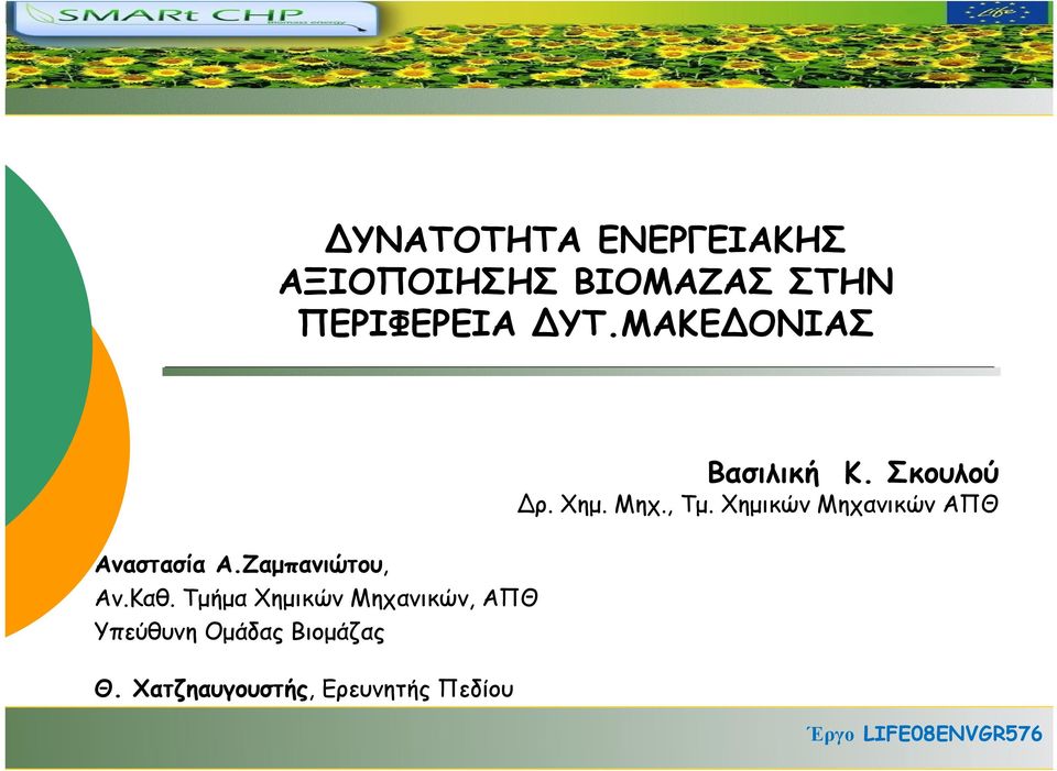 Τμήμα Χημικών Μηχανικών, ΑΠΘ Υπεύθυνη Ομάδας Βιομάζας Θ.