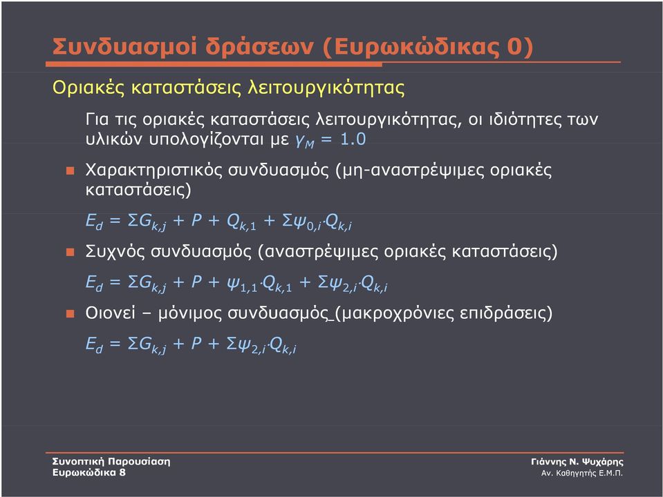 0 Χαρακτηριστικός συνδυασμός (μη-αναστρέψιμες οριακές καταστάσεις) Ε d = ΣGG k,j + Ρ + Q k,1 + Σψ 0,i Q,i Q k,i Συχνός