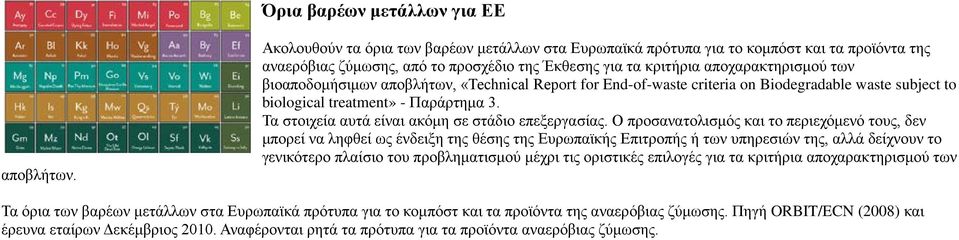 αποβλήτων, «Technical Report for Endofwaste criteria on Biodegradable waste subject to biological treatment» Παράρτημα 3. Τα στοιχεία αυτά είναι ακόμη σε στάδιο επεξεργασίας.