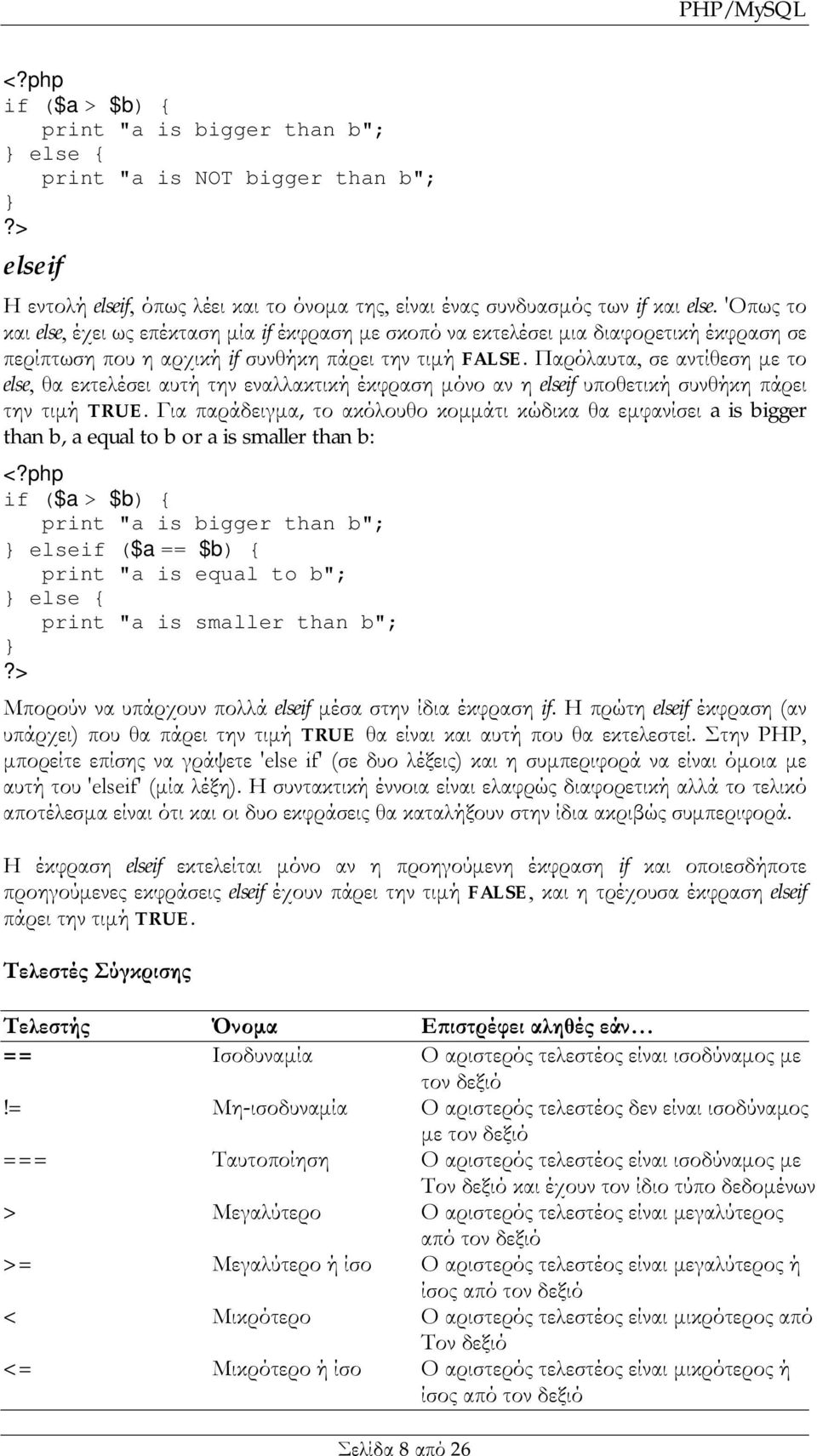 Παρόλαυτα, σε αντίθεση με το else, θα εκτελέσει αυτή την εναλλακτική έκφραση μόνο αν η elseif υποθετική συνθήκη πάρει την τιμή TRUE.