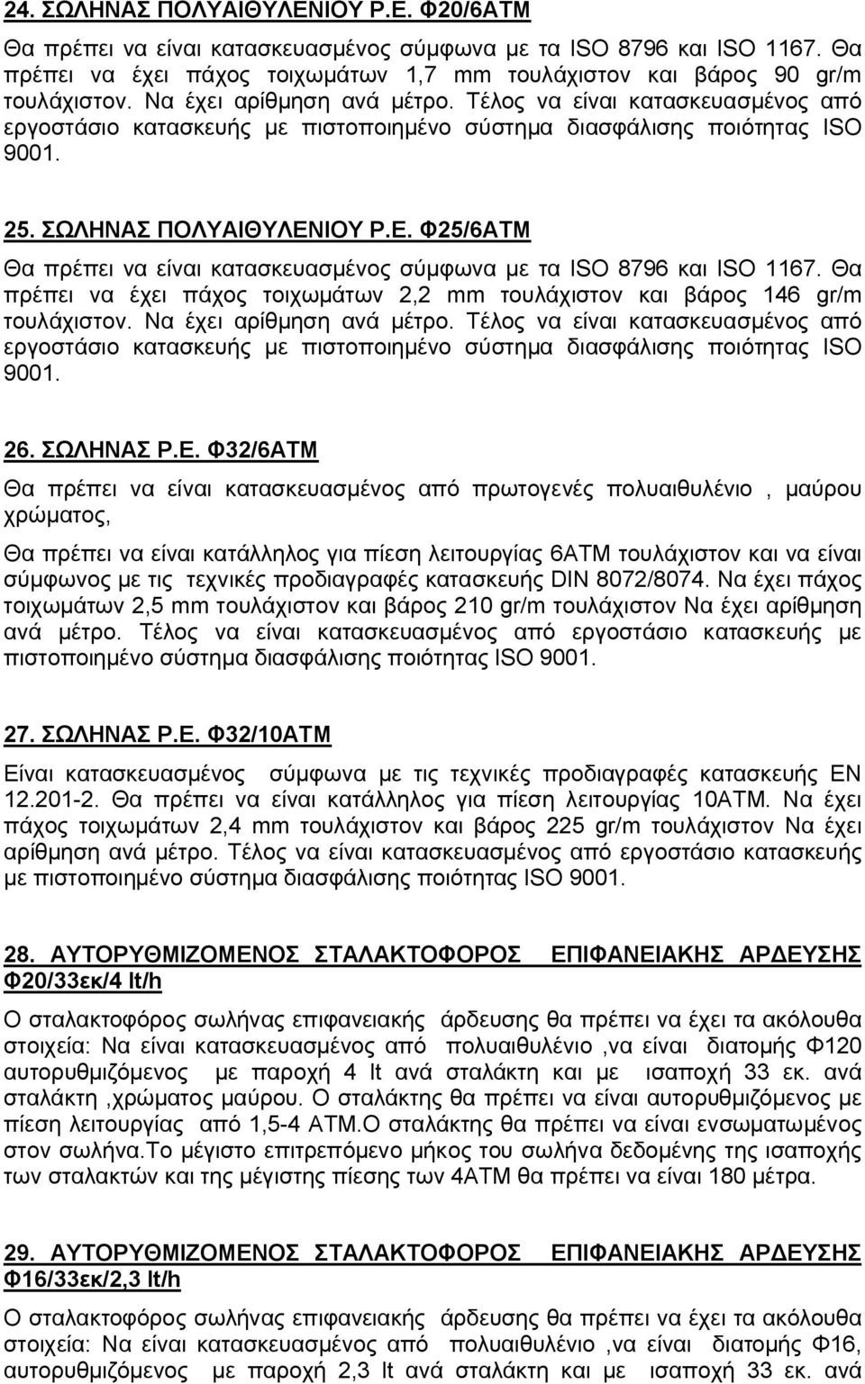 ΙΟΥ Ρ.Ε. Φ25/6ΑΤΜ Θα πρέπει να είναι κατασκευασμένος σύμφωνα με τα ISO 8796 και ISO 1167. Θα πρέπει να έχει πάχος τοιχωμάτων 2,2 mm τουλάχιστον και βάρος 146 gr/m τουλάχιστον.