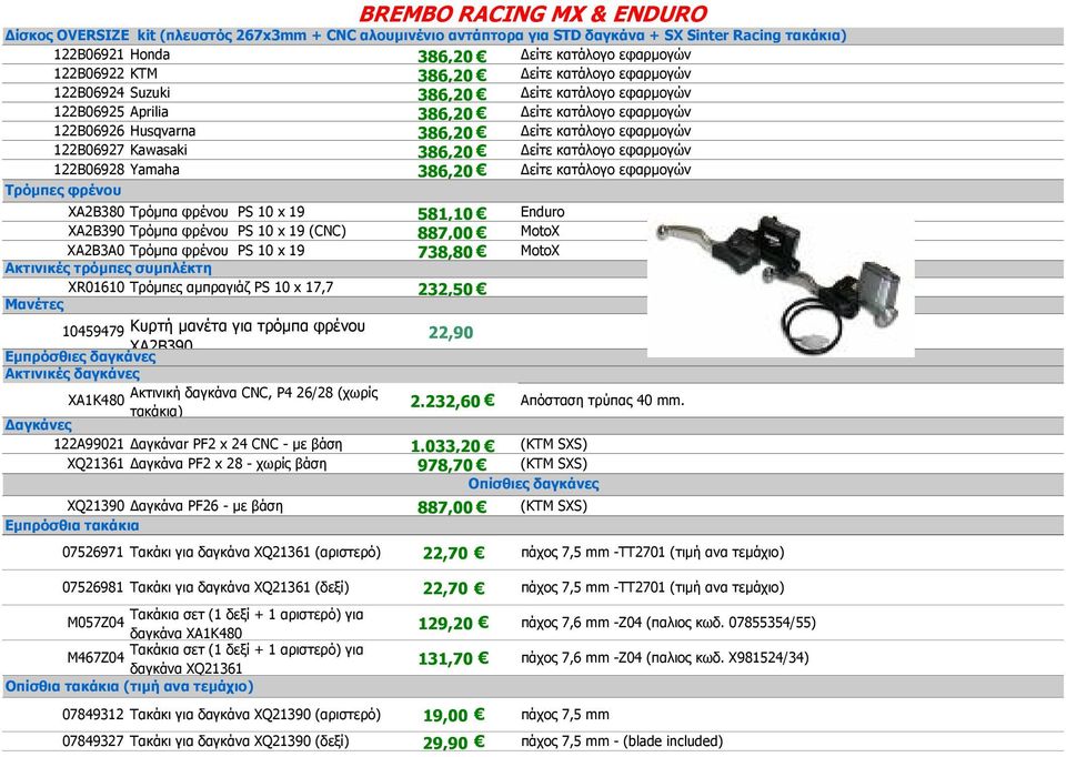 Kawasaki 386,20 Δείτε κατάλογο εφαρμογών 122B06928 Yamaha 386,20 Δείτε κατάλογο εφαρμογών Τρόμπες φρένου XA2B380 Τρόμπα φρένου PS 10 x 19 581,10 Enduro XA2B390 Τρόμπα φρένου PS 10 x 19 (CNC) 887,00