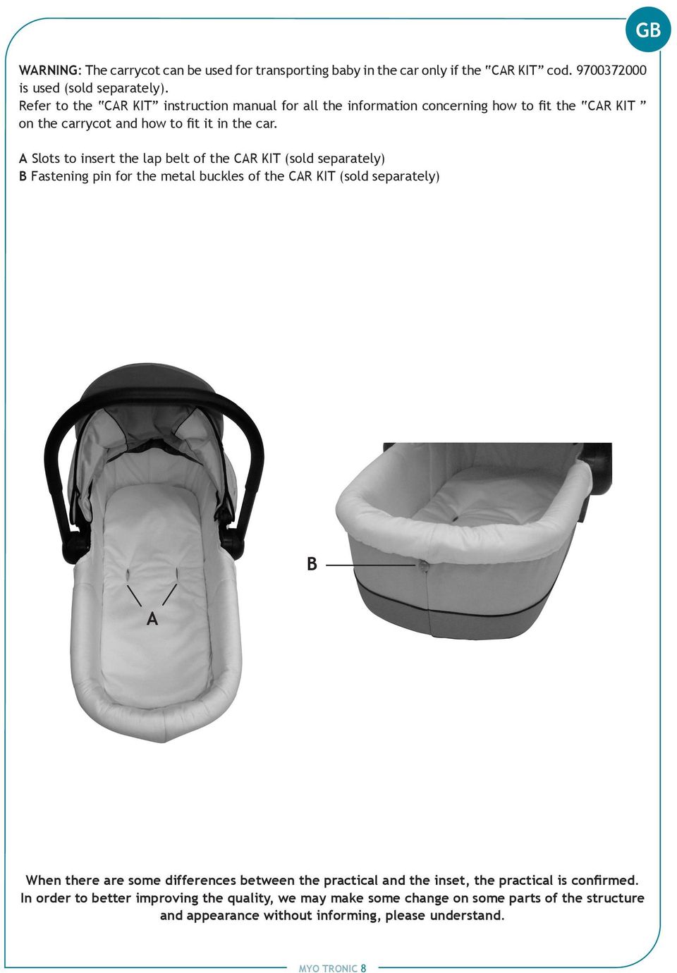 A Slots to insert the lap belt of the CAR KIT (sold separately) B Fastening pin for the metal buckles of the CAR KIT (sold separately) GB B A When there are some