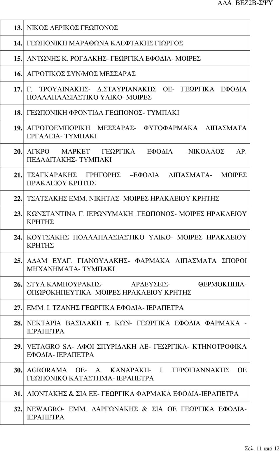 ΑΓΚΡΟ ΜΑΡΚΕΤ ΓΕΩΡΓΙΚΑ ΕΦΟΔΙΑ ΝΙΚΟΛΑΟΣ ΑΡ. ΠΕΔΑΔΙΤΑΚΗΣ- ΤΥΜΠΑΚΙ 21. ΤΣΑΓΚΑΡΑΚΗΣ ΓΡΗΓΟΡΗΣ ΕΦΟΔΙΑ ΛΙΠΑΣΜΑΤΑ- ΜΟΙΡΕΣ ΗΡΑΚΛΕΙΟΥ ΚΡΗΤΗΣ 22. ΤΣΑΤΣΑΚΗΣ ΕΜΜ. ΝΙΚΗΤΑΣ- ΜΟΙΡΕΣ ΗΡΑΚΛΕΙΟΥ ΚΡΗΤΗΣ 23. ΚΩΝΣΤΑΝΤΙΝΑ Γ.