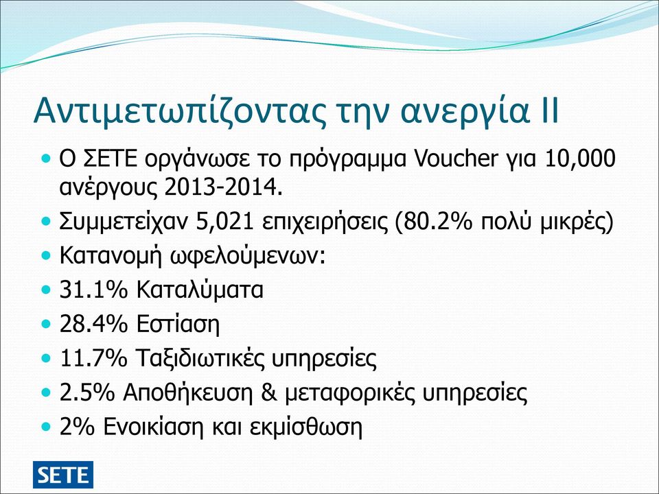 2% πολύ μικρές) Κατανομή ωφελούμενων: 31.1% Καταλύματα 28.4% Εστίαση 11.