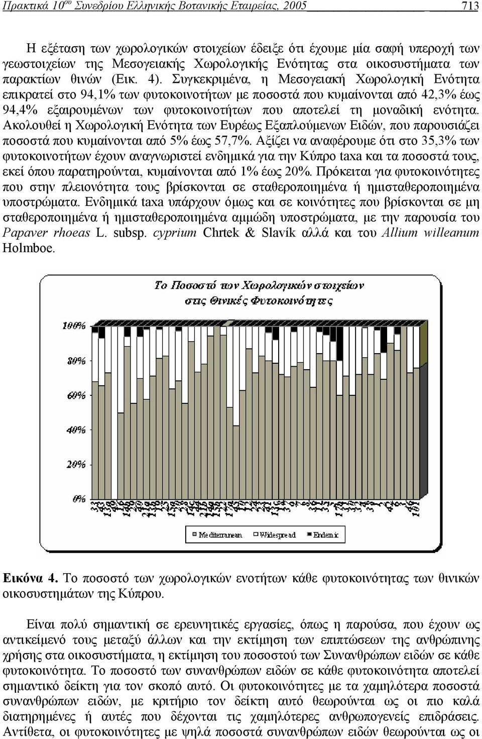 Συγκεκριμένα, η Μεσογειακή Χωρολογική Ενότητα επικρατεί στο 94,1% των φυτοκοινοτήτων με ποσοστά που κυμαίνονται από 42,3% έως 94,4% εξαιρουμένων των φυτοκοινοτήτων που αποτελεί τη μοναδική ενότητα.