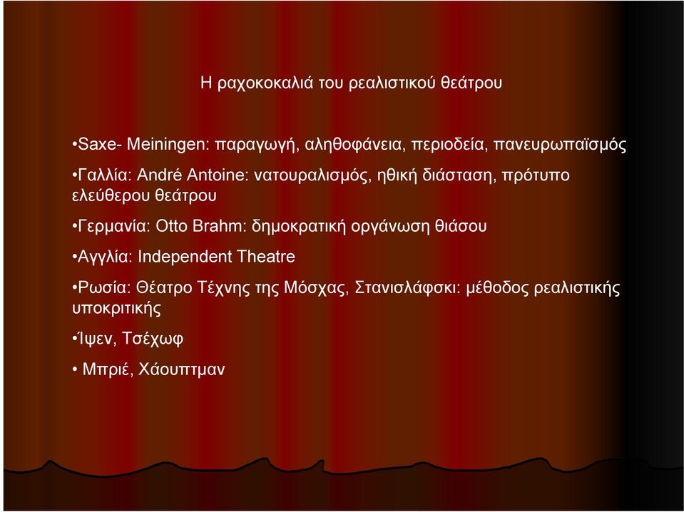 θεάτρου Γερμανία: Otto Brahm: δημοκρατική οργάνωση θιάσου Αγγλία: Independent Theatre Ρωσία: