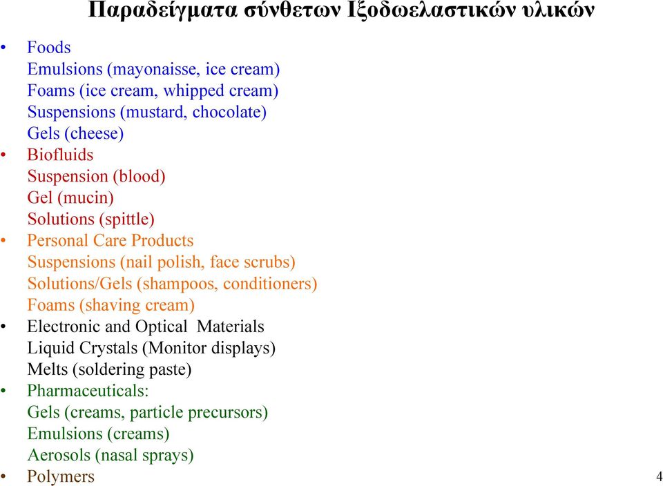 polish, face scrubs) Solutions/Gels (shampoos, conditioners) Foams (shaving cream) Electronic and Optical Materials Liquid Crystals