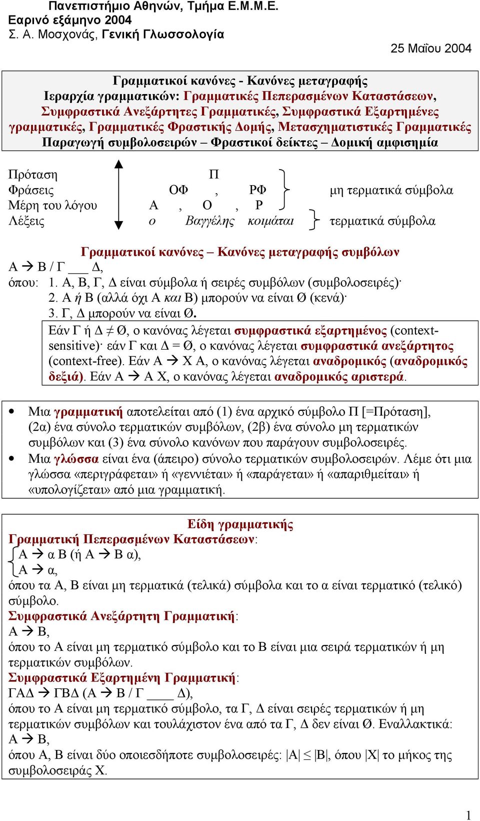 Εξαρτηµένες γραµµατικές, Γραµµατικές Φραστικής οµής, Μετασχηµατιστικές Γραµµατικές Παραγωγή συµβολοσειρών Φραστικοί δείκτες οµική αµφισηµία Πρόταση Π Φράσεις ΟΦ, ΡΦ µη τερµατικά σύµβολα Μέρη του