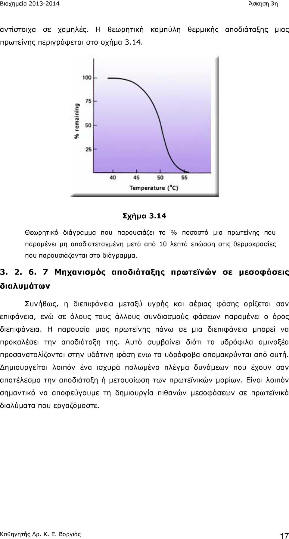 7 Μηχανισµός αποδιάταξης πρωτεϊνών σε µεσοφάσεις διαλυµάτων Συνήθως, η διεπιφάνεια µεταξύ υγρής και αέριας φάσης ορίζεται σαν επιφάνεια, ενώ σε όλους τους άλλους συνδιασµούς φάσεων παραµένει ο όρος