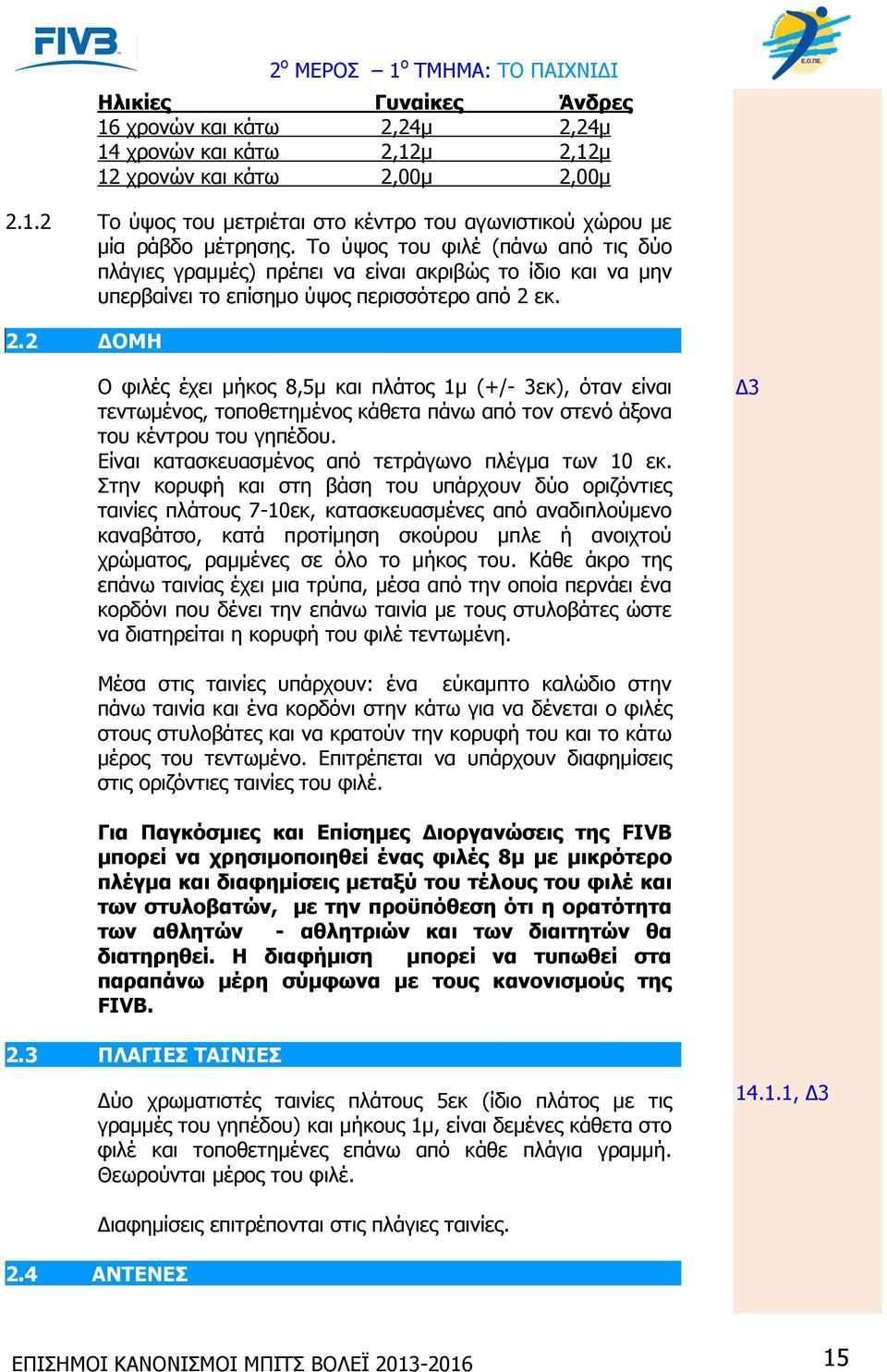 εκ. 2.2 ΔΟΜΗ Ο φιλές έχει μήκος 8,5μ και πλάτος 1μ (+/- 3εκ), όταν είναι τεντωμένος, τοποθετημένος κάθετα πάνω από τον στενό άξονα του κέντρου του γηπέδου.