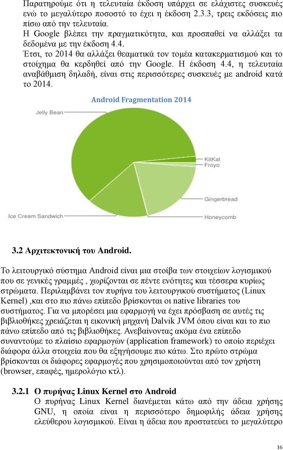 Η έκδοση 4.4, η τελευταία αναβάθμιση δηλαδή, είναι στις περισσότερες συσκευές με android κατά το 2014. Android Fragmentation 2014 3.2 Αρχιτεκτονική του Android.