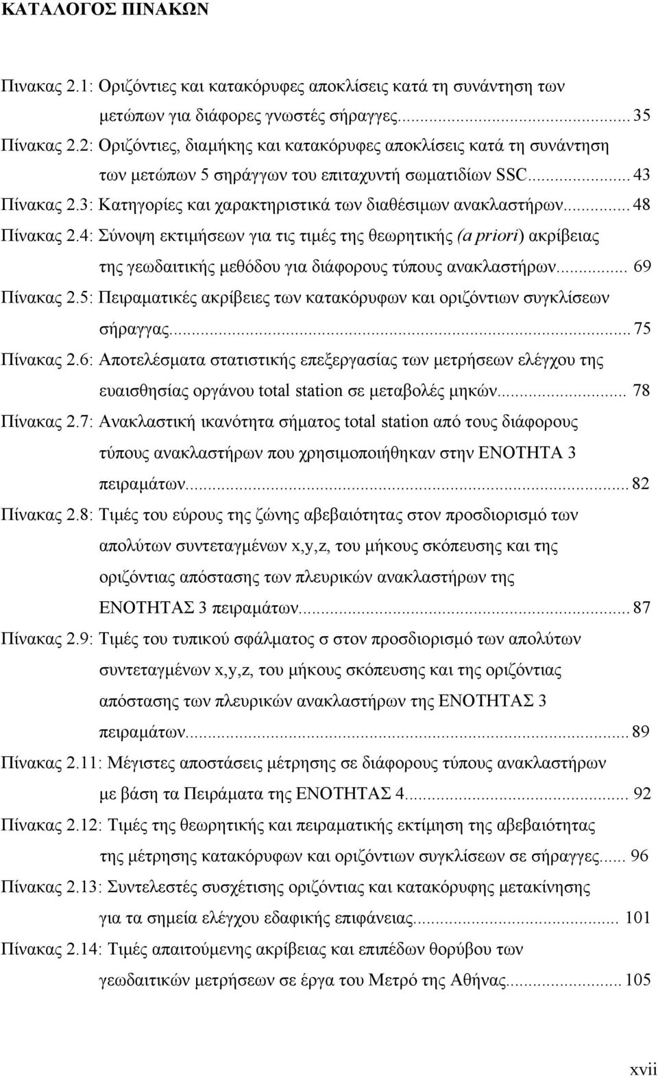 .. 48 Πίνακας.4: Σύνοψη εκτιµήσεων για τις τιµές της θεωρητικής (a priori) ακρίβειας της γεωδαιτικής µεθόδου για διάφορους τύπους ανακλαστήρων... 69 Πίνακας.