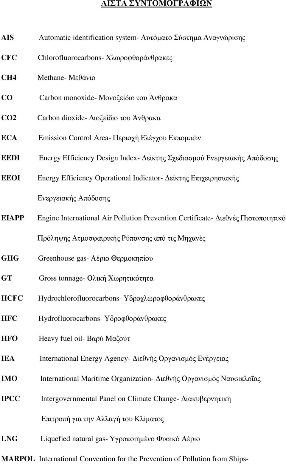 Indicator- Δείκτης Επιχειρησιακής Ενεργειακής Απόδοσης EIAPP Engine International Air Pollution Prevention Certificate- Διεθνές Πιστοποιητικό Πρόληψης Ατμοσφαιρικής Ρύπανσης από τις Μηχανές GHG GT