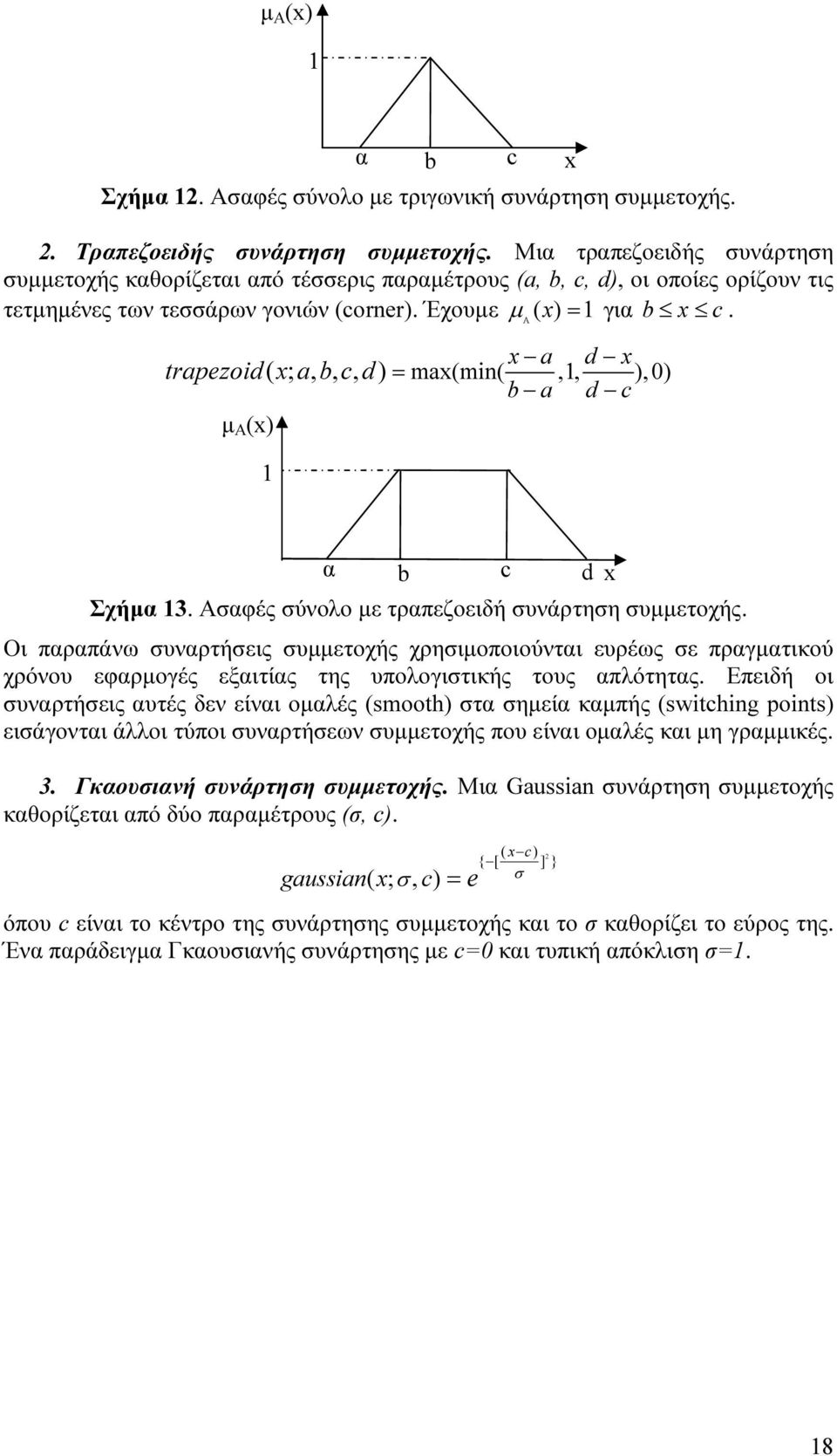 a d trapezoid( ; a, b, c, d) = ma(min(,, ),0) b a d c μ Α () α b c d Σχήμα 3. Ασαφές σύνολο με τραπεζοειδή συνάρτηση συμμετοχής.