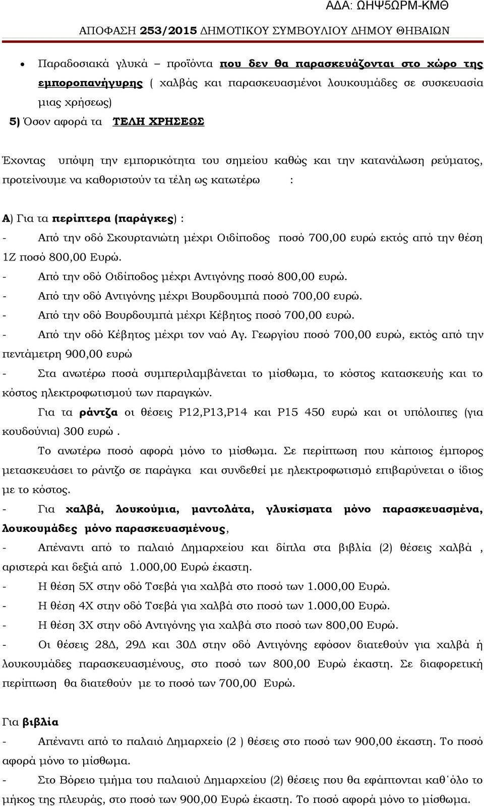 ευρώ εκτός από την θέση 1Ζ ποσό 800,00 Ευρώ. - Από την οδό Οιδίποδος μέχρι Αντιγόνης ποσό 800,00 ευρώ. - Από την οδό Αντιγόνης μέχρι Βουρδουμπά ποσό 700,00 ευρώ.