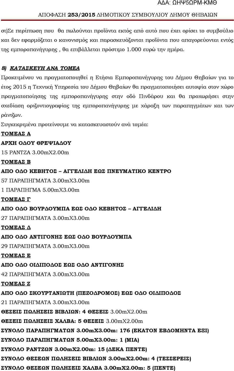 8) ΚΑΤΑΣΚΕΥΗ ΑΝΑ ΤΟΜΕΑ Προκειμένου να πραγματοποιηθεί η Ετήσια Εμποροπανήγυρης του Δήμου Θηβαίων για το έτος 2015 η Τεχνική Υπηρεσία του Δήμου Θηβαίων θα πραγματοποιήσει αυτοψία στον χώρο