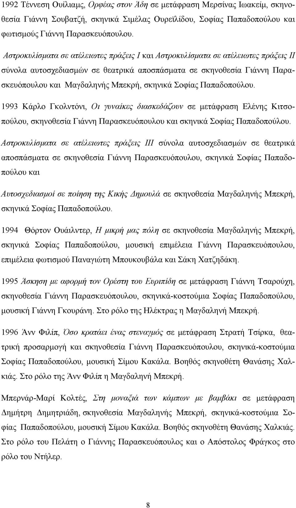 Σοφίας Παπαδοπούλου. 1993 Κάρλο Γκολντόνι, Οι γυναίκες διασκεδάζουν σε μετάφραση Ελένης Κιτσοπούλου, σκηνοθεσία Γιάννη Παρασκευόπουλου και σκηνικά Σοφίας Παπαδοπούλου.